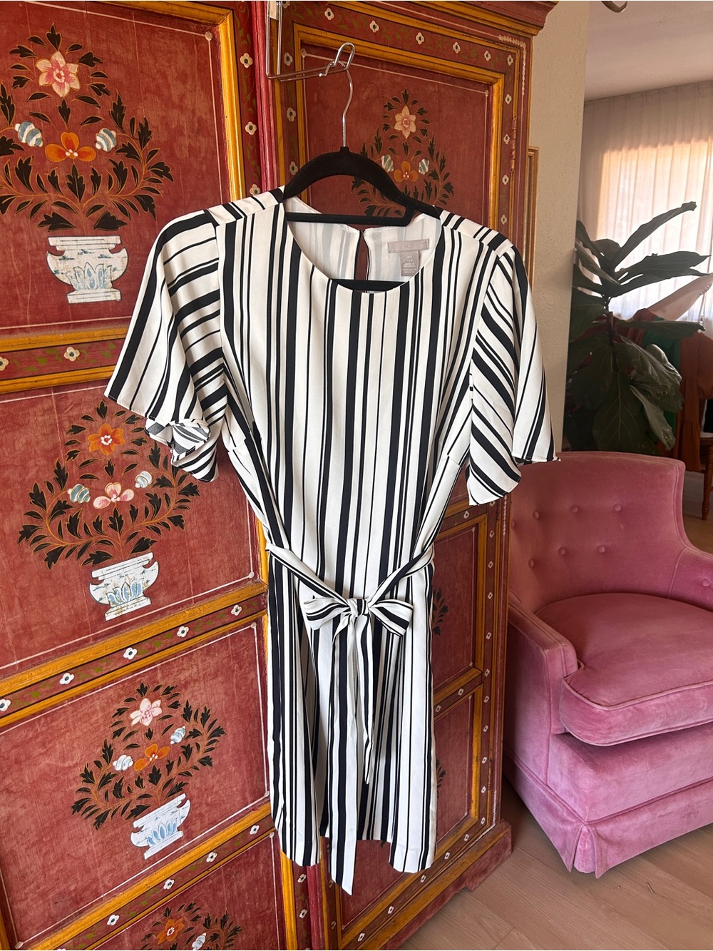 H&M Black and White Vertical Stripe Tie-Waist Mini Dress